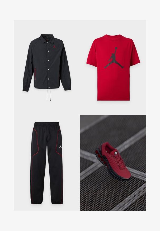 Schwarze langärmlige Jacke mit Druckknöpfen, Kragen, rotem Logo auf der Brust, roten Reißverschluss-Akzenten an den Taschen und Kordelzügen am Saum.; Rotes T-Shirt mit kurzen Ärmeln und schwarzer Silhouette eines Basketballspielers, der springt und einen Ball mit einer Hand hochhält.; Schwarze Sporthose mit roter Paspelierung, elastischem Bund und Bündchen sowie kleinem weißem Jumpman-Logo am rechten Oberschenkel.; Rote Sneaker mit strukturiertem Obermaterial, ausgestattet mit schwarzen Akzenten und einem auffälligen Luftpolstersohlen-Design. Schnürsenkel und Logo sind oben sichtbar.