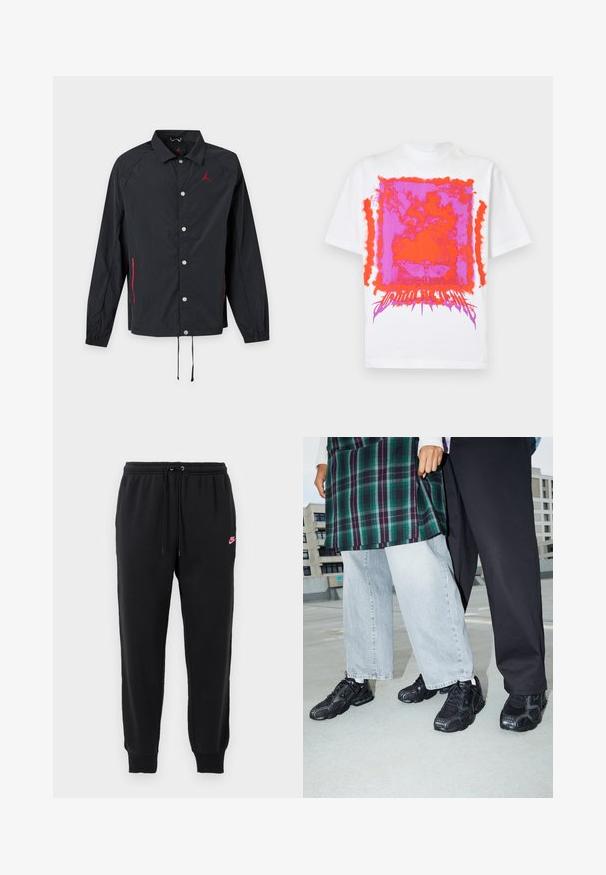 Zwarte jas met lange mouwen met drukknopen, kraag, rood logo op de borst, rode ritssluiting accenten op de zakken en trekkoorden aan de zoom.; Wit T-shirt met korte mouwen met een felroze en oranje abstract rechthoekig grafisch ontwerp en gestileerde tekst onderaan in het midden voorop.; Zwarte sweatpants van zacht materiaal met een elastische tailleband, een verstelbare trekkoord en een klein roze Nike-logo aan de linkerkant.; Zwarte sportieve schoenen met mesh- en rubberaccenten. Draagt een lichtgrijze wijde spijkerbroek en een groen geruit shirt. Effen achtergrond.