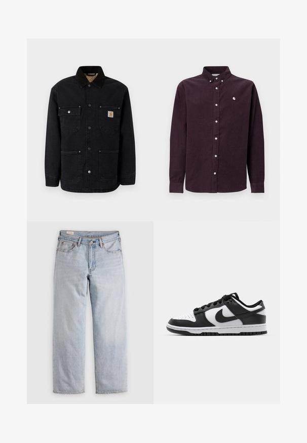 Schwarze Jeansjacke mit umgeschlagenem Kragen, zwei Brusttaschen mit Druckknopfverschlüssen und einem Logo-Patch auf der linken Tasche. Gefüttertes Innenfutter.; Dunkellila Cordhemd mit Button-Down-Kragen, weißen Knöpfen und gesticktem Logo auf der linken Brust. Lange Ärmel mit geknöpften Manschetten.; Helle blaue gerade geschnittene Jeans mit hoher Taille, Knopfverschluss sowie Vorder- und Hintertaschen, auf einer flachen Oberfläche präsentiert.; Schwarze und weiße Nike Dunk Sneakers mit einem Obermaterial aus Leder, perforierter Zehenpartie, schwarzen Schnürsenkeln und einer schwarzen Gummisohle mit Profildesign.