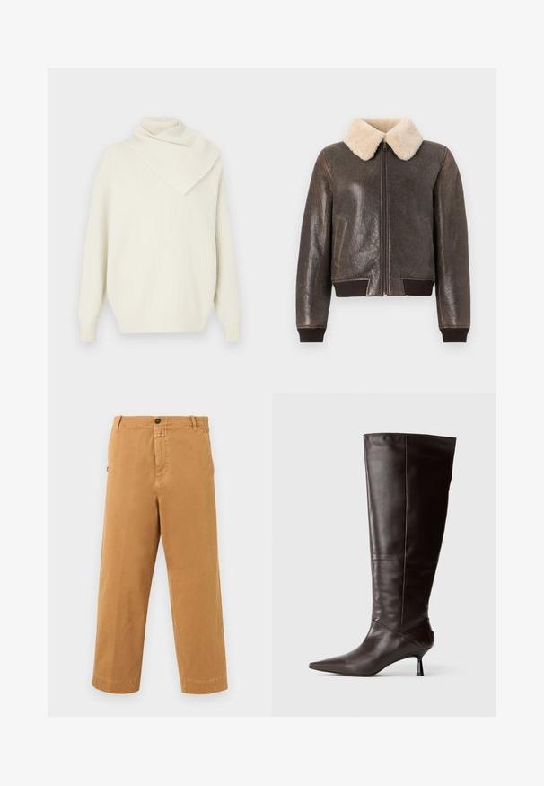 Veste aviateur en cuir brun foncé avec col en fausse laine, fermeture éclair, poignets et ourlet côtelés. Finition texturée et poches latérales.; Pull en tricot côtelé crème avec un col asymétrique drapé et des manches longues, offrant une coupe décontractée et une texture douce.; Pantalon décontracté marron à jambes droites avec passants pour ceinture, fermeture par bouton et poches latérales sur fond blanc.; Botte en cuir marron, hauteur genou, avec un bout pointu et un talon fin. Texture lisse et design élégant, arborant une silhouette minimaliste.