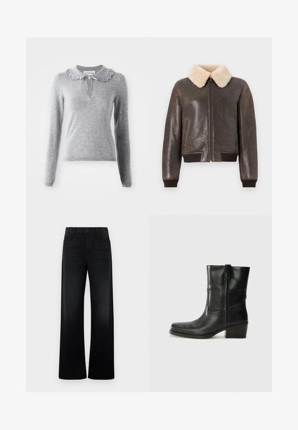 Læderbomberjakke i mørkebrun med falsk shearling-krave, lynlåslukning samt ribbet kant og manchetter. Tekstureret finish og sidelommer.; Grå strikket sweater med en flæsekrave, lange ærmer og en V-halsudskæring. Har en snøredetalje ved kraven.; Sorte jeans med høj talje og vide ben, med forlommer og bæltestropper, vist mod en ensartet lys baggrund.; Sort læder ankelstøvle med rundt tå, blokhæl, lynlås i siden og stikninger på vampsiden. Glat tekstur, klassisk design.