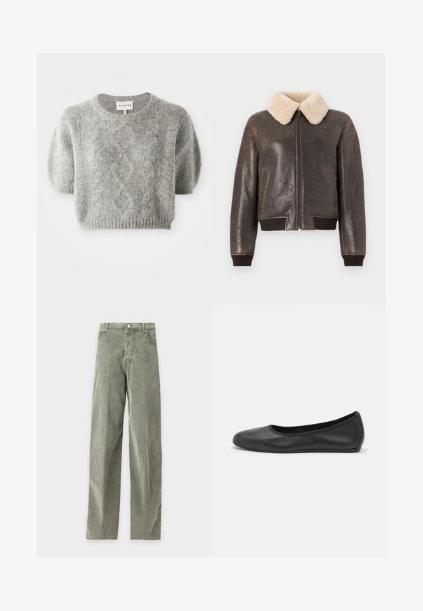 Veste aviateur en cuir brun foncé avec col en fausse laine, fermeture éclair, poignets et ourlet côtelés. Finition texturée et poches latérales.; Pull-over gris à manches courtes avec un motif en maille torsadée et un ourlet côtelé. Fabriqué dans un matériau doux et texturé. Étiquette de marque visible au niveau du cou.; Pantalon droit en velours côtelé vert avec bouton et fermeture éclair à l'avant, passants pour ceinture, poches latérales et arrière, présenté à plat sur un fond uni.; Ballerines en cuir noir avec un bout rond, texture lisse, détails de couture minimalistes et design de semelle flexible.