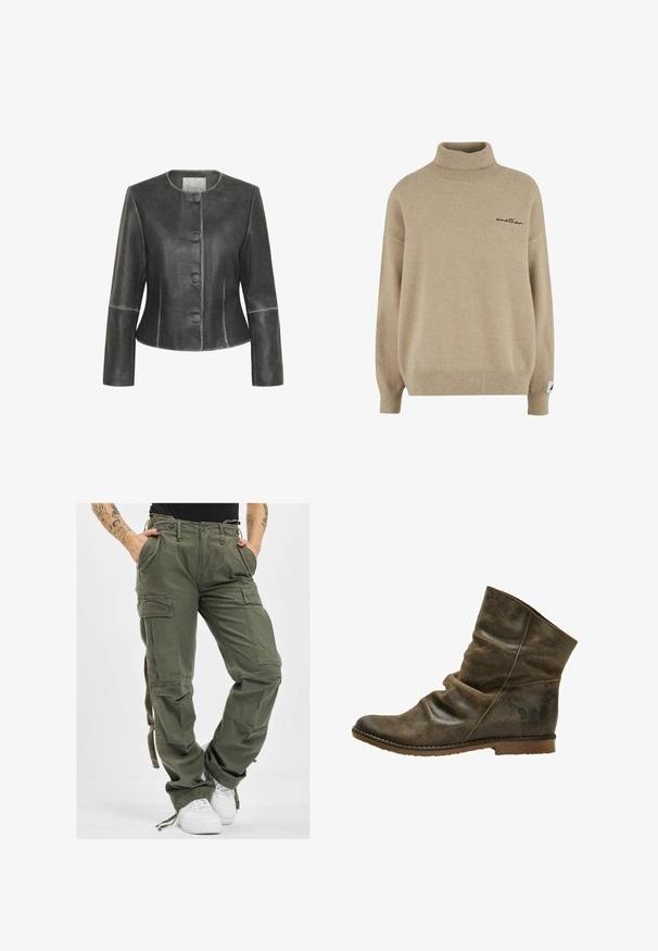 Grå læderjakke med rund halsudskæring, lange ærmer, fem frontknapper og kontrasterende syninger. Glat tekstur og skræddersyet pasform.; Beige højhalset sweater med ribbenmanchetter og -kant, der har et lille sort broderet ord "another" på venstre brystområde.; Olivengrønne cargo-bukser med flere lommer, snøre i taljen og afslappet pasform. Stoffet har en blød tekstur og en robust, holdbar fremtoning.; Brun læder ankelstøvle med et afslappet design, der har en subtil tekstur, rund tå og en flad sål med en lille logo-detalje på hælen.