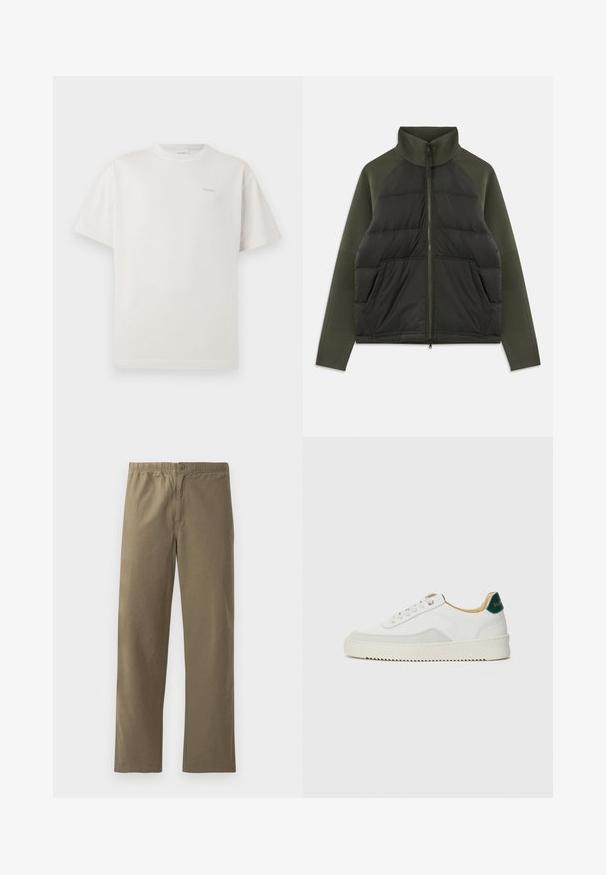 Mørkegrøn zip-up jakke med polstret frontpanel, strikkede ærmer, høj krave og forlommer på hvid baggrund.; CLOSED LOGO - T-shirts basic - blush pink; Khaki bukser lavet af letvægtsmateriale. Har en elastisk talje, knaplukning, lige ben og en glat overflade.; Hvide sneakers med ruskindsdetaljer, rund tå, flade snørebånd og en cremet gummisål. Har grøn branding på hælen.