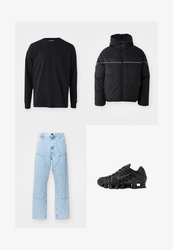 Chaqueta acolchada negra con capucha, que presenta un cierre frontal de cremallera y una franja horizontal blanca en el pecho. Tejido suave con un acabado mate.; Camiseta negra de manga larga hecha de algodón, con un escote redondo y corte recto, que presenta un pequeño detalle de logo en la manga.; Jean de mezclilla de pierna recta en azul claro, con grandes bolsillos frontales y costuras en contraste. La tela tiene una textura desvaída y suave.; Zapatillas deportivas negras fabricadas con malla y materiales sintéticos, con un diseño ondulado distintivo, suela de goma negra y detalles reflectantes.