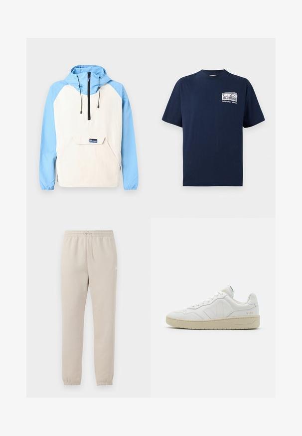 Anorak met een blauwe capuchon en mouwen, beige lichaam; voorzien van een voorzak en zwarte koorden. Zachte stof met elastische manchet.; Marineblauwe katoenen t-shirt met een ronde hals. De voorkant heeft een witte grafische afbeelding met de tekst "Giochi Invernali" in een rechthoekig ontwerp. Korte mouwen.; Lichtbeige sweatpants gemaakt van zachte stof met een elastische tailleband, verstelbare trekkoord en taps toelopende manchetten bij de enkels.; Witte leren sneakers met een gestructureerde afwerking en een gevoerde kraag. Voorzien van een beige rubberen zool en subtiele branding op de hiel en zijkant.