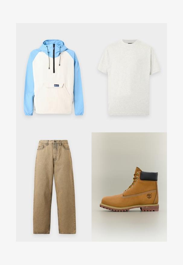 Anorak mit blauer Kapuze und Ärmeln, beiger Körper; verfügt über eine Vordertasche und schwarze Kordeln. Weicher Stoff mit elastischen Bündchen.; Hellgraues Baumwoll-T-Shirt mit Rundhalsausschnitt, kurzen Ärmeln und glatter Textur. Einfaches Design ohne sichtbare Muster oder Akzente.; Beige Denim-Jeans mit geradem Bein, ausgestattet mit einem Reißverschluss, Gürtelschlaufen und kontrastierenden Nähten. Keine auffälligen Muster oder Hardware-Details.; Brauner Leder-Stiefelette mit schwarzem Kragen, gelben Schnürsenkeln und hellbrauner Sohle. Verfügt über ein Logo und weiße Ziernähe. Robuste Profilsohle.