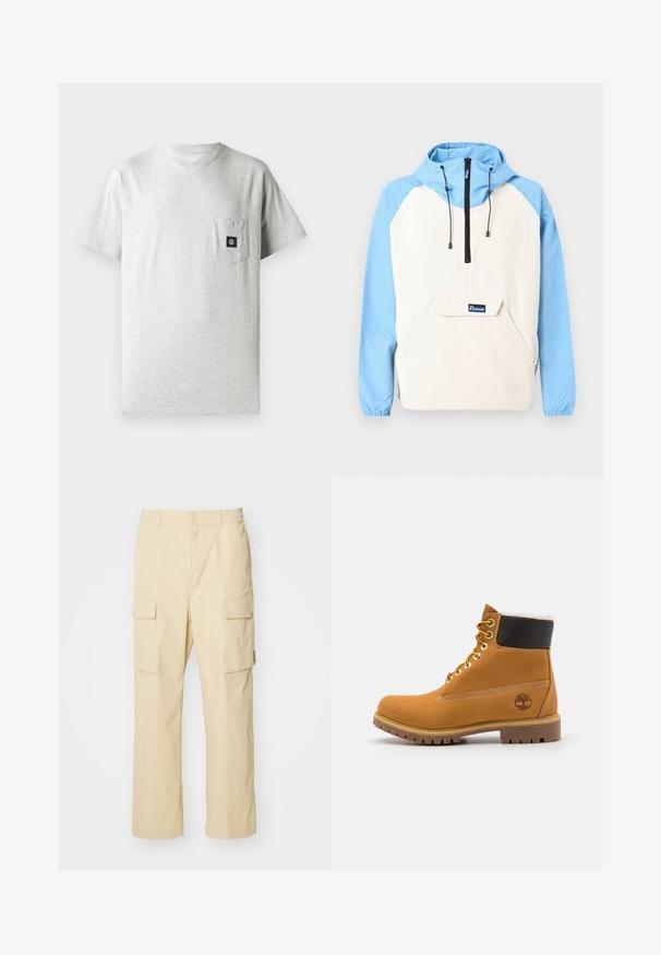 Anorak mit blauer Kapuze und Ärmeln, beiger Körper; verfügt über eine Vordertasche und schwarze Kordeln. Weicher Stoff mit elastischen Bündchen.; Herren T-Shirt aus grauer Baumwolle mit rundem Halsausschnitt, kurzen Ärmeln und einer kleinen Brusttasche auf der linken Seite, die mit einem kleinen schwarzen Logo-Patch verziert ist.; Beige Cargo-Hosen aus Stoff mit einem elastischen Bund und Knopfverschluss. Verfügt über zwei seitliche Taschen und ein schlichtes Design.; Braune Leder-Ankle-Boots mit Metallösen, weißem Kunstfellfutter, schwarzem gepolstertem Kragen, robustem Sohlenprofil und geprägtem Logo an der Seite.