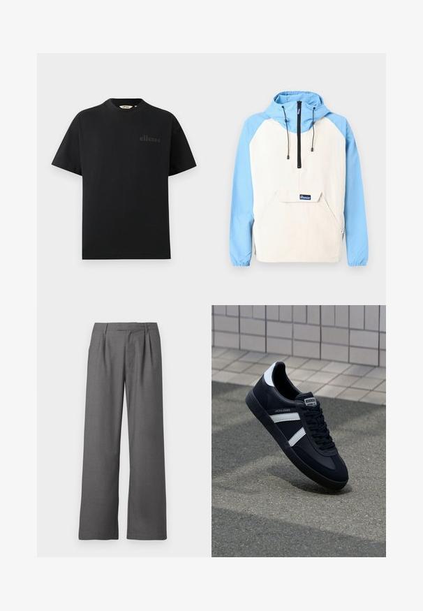 Anorak con capucha y mangas azules, cuerpo beige; cuenta con un bolsillo frontal y cordones negros. Tejido suave con puños elásticos.; Camiseta negra de algodón con cuello redondo estándar y mangas cortas. Presenta un logo sutil en relieve en el pecho.; Pantalones de pierna ancha grises hechos de una tela suave, con un frente plisado, bolsillos laterales y una cintura entallada con cinturones.; Zapatilla de cuero negra con rayas blancas, suela de goma texturizada y parte frontal con cordones. Cuenta con una etiqueta de marca en la lengüeta.