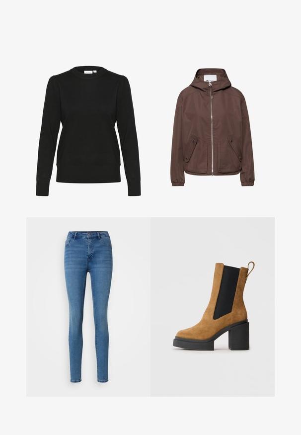 Bruine capuchonjas met ritssluiting aan de voorkant, twee schuine klepzakken met knopen en elastische manchetten, weergegeven op een witte achtergrond.; Zwart gebreid sweater met lange mouwen, ronde halslijn en ribgebreide boorden en zoom. Heeft subtiele pofmouwen voor extra textuur.; Slim-fit blauwe jeans van denim, met een klassiek vijf-pocket ontwerp, knoopsluiting en lichte vervaging voor textuurvariatie.; Bruine suède enkellaars met een chunky zwart plateauhak en zij-elastische panelen. Voorzien van een trekhaak voor eenvoudig aantrekken.