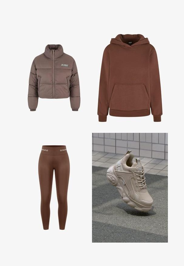 Brun cropped pufferjakke med høj krave, lynlås og elastiske manchetter. Har et logo-patch på forsiden. Glat tekstur.; Brun hættetrøje med enforlomme, lavet af glat stof, med ribbet manchetter og kant, samt syninger langs kanterne.; Brune leggings med høj talje og glat tekstur, med en strikket linning med "SMIMS"-logo i hvid, tætsiddende design, fuld længde.; Beige atletisk sko med overdel i mesh og syntetisk materiale, polstret krave og kraftig sål med strukturerede detaljer. Branding synlig på siden.