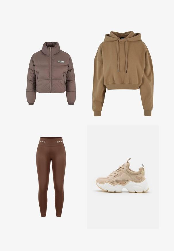 Brun cropped pufferjakke med høj krave, lynlås og elastiske manchetter. Har et logo-patch på forsiden. Glat tekstur.; Brun cropped hoodie lavet af blødt stof. Har en hætte med snøre og ribbede manchetter med et afslappet fit design.; Brune leggings med høj talje og glat tekstur, med en strikket linning med "SMIMS"-logo i hvid, tætsiddende design, fuld længde.; Beige sneakers med en blanding af glatte og teksturerede materialer, en kraftig hvid sål og mesh-detaljer for åndbarhed.