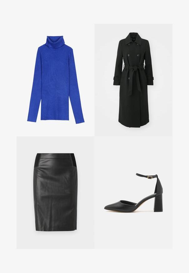 ONLY ONLLUCIE LIFE - Mantel - black; Koningsblauwe geribbelde turtleneck trui gemaakt van textiel met lange mouwen en een omgeslagen kraag, met een slanke pasvorm.; Zwarte leren kokerrok met een aangesloten ontwerp, een gladde textuur en elastische taillebandaccenten aan weerszijden. Rechte zoom aan de onderkant.; Zwarte hoge hak schoen met een puntige neus, textuurriem rond de enkel en een vierkante blokhak. Gemaakt van soepel leer.