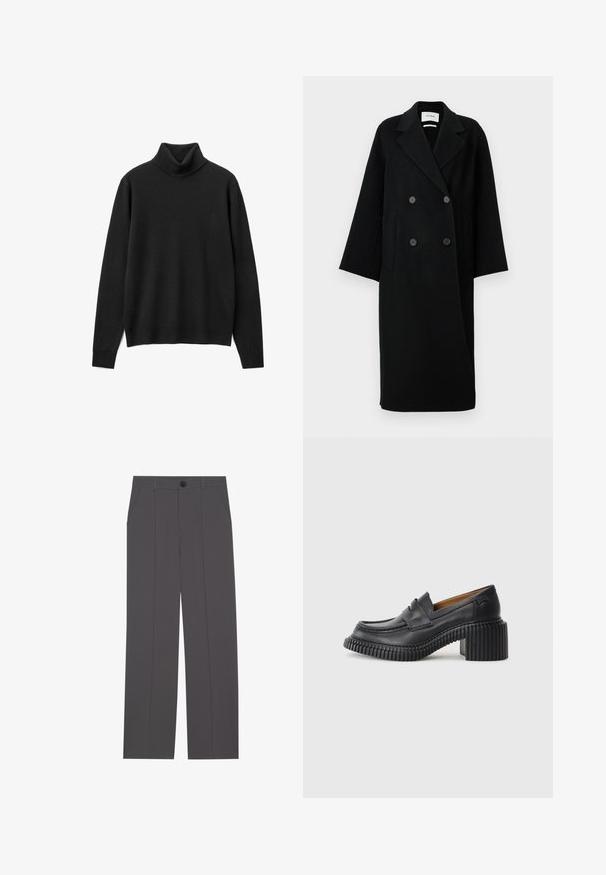 Abrigo de lana negro de doble botonadura con solapas, dos bolsillos frontales y botones en la parte delantera. Silueta oversized y recta.; Suéter negro de cuello alto hecho de suave tejido de punto. Presenta mangas largas, un corte relajado y un diseño de cuello alto. Sin patrones ni adornos.; Pantalones grises con un diseño de pierna recta, que cuentan con dos bolsillos laterales y un cierre de botón. Tejido suave sin patrones o acentos visibles.; Mocasines de cuero negro con un tacón de goma grueso y estriado. Presentan una punta redondeada y una correa horizontal en el embozo. Suela texturizada.