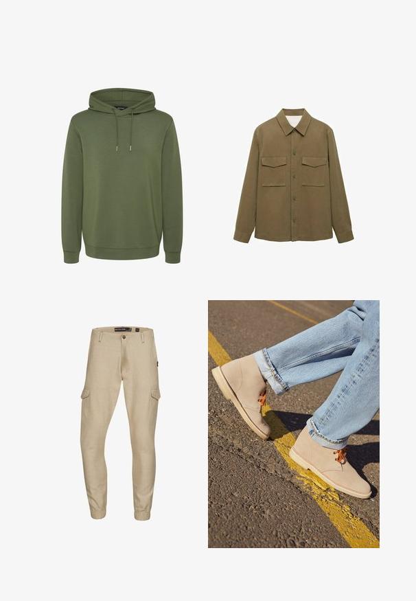 Olivgrünes, langärmliges Hemd aus Baumwolle mit Button-Down-Kragen, zwei Brusttaschen und geradem Saum. Glatte, matte Textur.; Olivgrüner Hoodie aus weichem Material, mit einer geräumigen Kapuze mit Kordelzügen sowie gerippten Bünden und Saum für eine angenehme Passform.; Beige Cargo-Hosen mit elastischen Bündchen, aus leichtem Material. Mit zwei Seitentaschen und einem Knopfverschluss an der Taille.; Beige Wildleder-Ankelboots mit orangefarbenen Schnürsenkeln, runder Spitze und einer leichten Gummisohle, kombiniert mit hellblauen, umgeschlagenen Jeans.