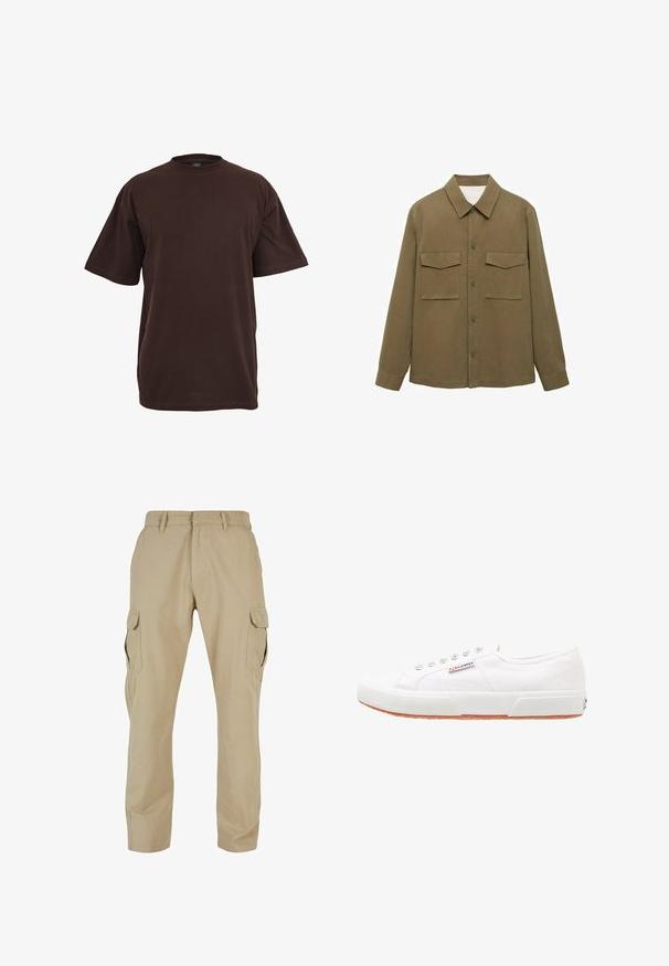 Olivgrünes, langärmliges Hemd aus Baumwolle mit Button-Down-Kragen, zwei Brusttaschen und geradem Saum. Glatte, matte Textur.; Braunes Baumwoll-T-Shirt mit kurzen Ärmeln, Rundhalsausschnitt und lockerer Passform. Glatte Textur ohne sichtbare Muster oder Akzente.; Beige Cargo-Hosen aus Baumwolltwill mit mehreren Seitentaschen, geradem Bein Design und einem Reißverschluss mit Gürtelschlaufen.; Weiße Leinensneaker mit Gummisohle, Schnürdesign und einem kleinen Logolabel an der Seite. Strukturierte weiße Oberseite und braune Außensohle.