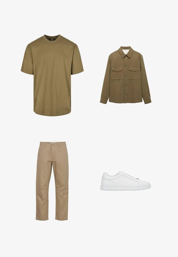 Olivgrünes, langärmliges Hemd aus Baumwolle mit Button-Down-Kragen, zwei Brusttaschen und geradem Saum. Glatte, matte Textur.; Olivenfarbene T-Shirt, kurze Ärmel, runder Halsausschnitt, aus Baumwollmaterial, verfügt über ein schlichtes Design ohne Muster oder Akzente.; Beige Baumwollhose mit geradem Bein, ausgestattet mit einem vorderen Knopf- und Reißverschluss, Seitentaschen und einem sauberen Finish.; Weißer, flacher Ledersneaker mit weißen Schnürsenkeln, genähten Details und flacher Gummisohle, seitlich auf einfarbigem Hintergrund gezeigt.