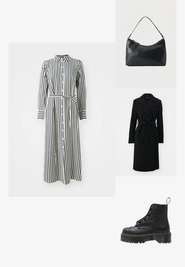 Manteau en laine noir longueur genou avec larges revers et ceinture assortie nouée à la taille, manches longues et coupe cintrée.; Robe rayée à manches longues, avec un devant boutonné et une ceinture à la taille. Présente des rayures verticales noires et blanches et un col.; Bottines en cuir noir avec surface texturée, bout arrondi, lacets, coutures jaunes et une épaisse semelle noire crantée.; Sac bandoulière en cuir noir texturé avec fermeture éclair incurvée en haut et une seule sangle ajustable sur fond uni.