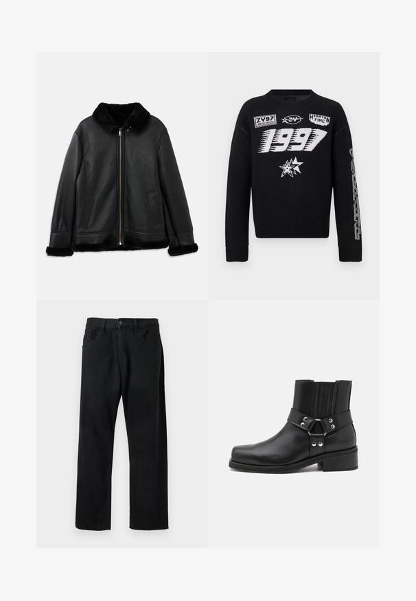 Sort læderjakke med blød pelskrave, manchetter og kant, med en lynlås foran og to skrålommer.; Sort strikket sweater med hvide grafiske tryk, herunder "1997", logopatches og geometriske mønstre på ærmerne. Lange ærmer, rund hals.; Sorte jeans lavet af denim, med et klassisk fem-lomme design, lige ben og knaplukning. Glat tekstur, ingen synlige mønstre.; The Kooples CHAUSSURES - Cowboy- / bikerstøvlette - black