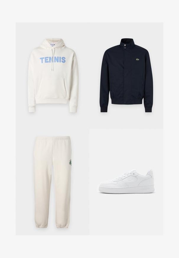 Veste pour homme bleu marine avec col montant, boutons-pression sur le devant, deux poches latérales, poignets côtelés et petit logo crocodile vert sur la poitrine.; Sweat à capuche blanc avec le texte "TENNIS" en bleu clair sur la poitrine, poche avant et capuche à cordon.; Pantalon de jogging beige clair en coton, doté d'une taille élastique, de poignets en côtes et d'un logo vert avec un design de feuille sur la jambe gauche.; Baskets en cuir blanc avec une boîte à orteils perforée, des lacets plats et un col rembourré. Présente un logo en relief sur le côté et une semelle en caoutchouc texturée.