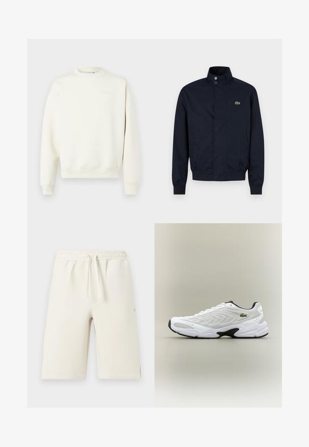 Veste pour homme bleu marine avec col montant, boutons-pression sur le devant, deux poches latérales, poignets côtelés et petit logo crocodile vert sur la poitrine.; Sweatshirt beige clair, col rond, poignets et ourlet côtelés, en matière de coton doux, avec un logo embouti sur le devant.; Shorts en coton beige clair avec taille élastique, cordon de serrage et poches latérales. Texture lisse, longueur genou avec ourlets cousus.; Baskets de sport blanches avec un dessus en mesh texturé, un design courbé et une semelle noire contrastante. Présente un logo brodé vert sur le côté.