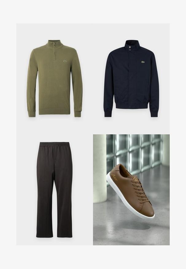 Marineblå herrejakke med høj krave, knapper foran, to sidelommer, ribstrikkede ærmegab og lille grønt krokodillelogo på brystet.; Olivegrøn langærmet sweater med kvart lynlås krave og lille krokodille logo på venstre bryst.; Sorte, elastiske bukser med lige ben-design. Lavet af glat stof med diskrete sømdetaljer langs forsiden.; Brun lædersneaker med hvid tekstureret sål og brune snørebånd, svævende over en glat betongulv nær en glasblokvæg.