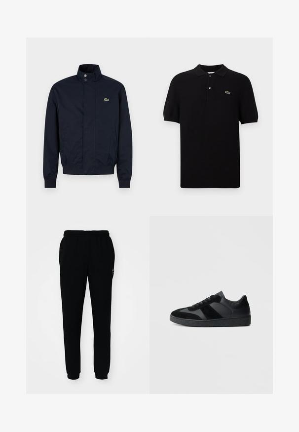 Marineblauw herenjack met hoge kraag, drukknoopsluiting aan de voorkant, twee zijzakken, geribde manchetten en een klein groen krokodillenlogo op de borst.; Zwarte poloshirt gemaakt van gebreide stof, met een klassieke kraag, drie knopen en een groene krokodillenlogo aan de linkerkant. Korte mouwen.; Zwarte trainingsbroek met een elastische tailleband en boorden. Gemaakt van zachte stof, met een klein logo aan de linkerbovenkant.; Zwarte sneakers met een mix van glad leer en suède, een gestructureerde zwarte rubberen zool en subtiele streepdetails.