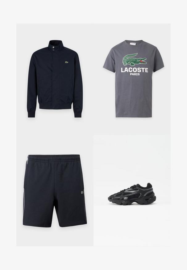 Veste pour homme bleu marine avec col montant, boutons-pression sur le devant, deux poches latérales, poignets côtelés et petit logo crocodile vert sur la poitrine.; T-shirt gris à manches courtes avec un logo crocodile vert et un texte blanc "LACOSTE PARIS" au centre devant.; Shorts de sport noirs avec une taille élastique, des bandes blanches sur les côtés et un petit logo de crocodile vert sur la jambe droite.; Baskets de sport noires avec tige en mesh et synthétique. Comprend une semelle texturée, des accents réfléchissants et un talon renforcé.