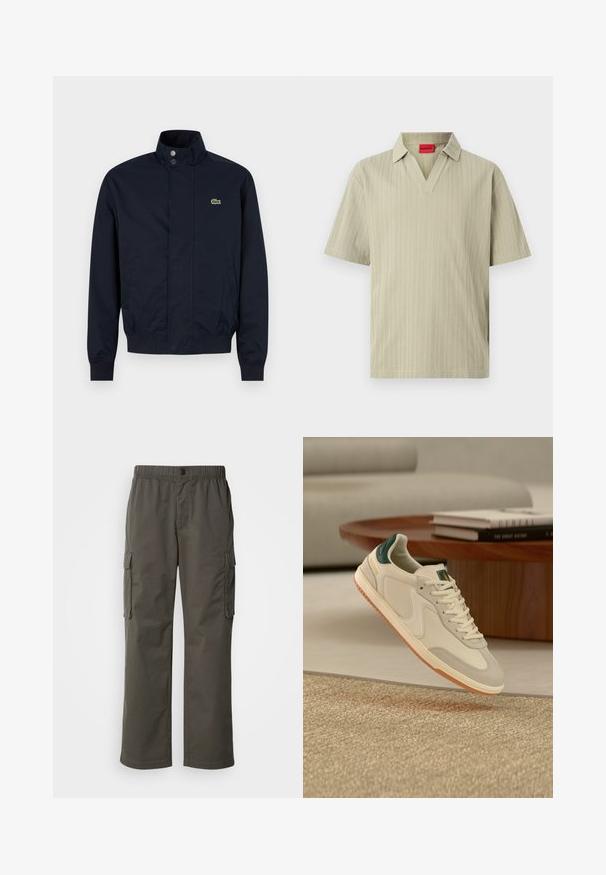 Chaqueta azul marino para hombre con cuello alto, botones de presión frontales, dos bolsillos laterales, puños acanalados y pequeño logo de cocodrilo verde en el pecho.; Polo de manga corta en beige claro con sutiles rayas verticales y etiqueta roja «HUGO» en el interior del cuello.; Pantalones cargo en gris oscuro con cintura elástica, dos bolsillos laterales y un corte relajado. Fabricados con un tejido duradero y de textura suave.; Zapatilla beige y blanca con detalle verde en el talón y suela de goma flotando sobre una alfombra beige texturizada, con una mesa de madera y libros apilados al fondo.