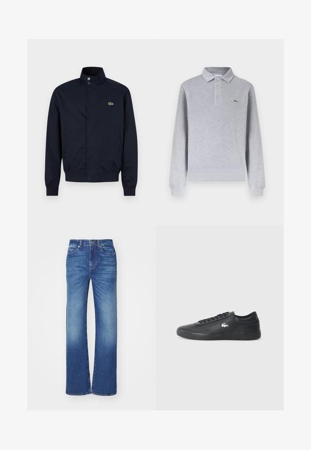 Marineblauw herenjack met hoge kraag, drukknoopsluiting aan de voorkant, twee zijzakken, geribde manchetten en een klein groen krokodillenlogo op de borst.; Lichtgrijs poloshirt met lange mouwen, geribbelde manchetknopen, drie knopen bij de kraag en een klein groen krokodillenlogo op de linkerborst.; Blauwe denim jeans met een rechte pijpdesign, voorzien van een vervaagd effect, vijf zakken en een knoop- en ritssluiting bij de taille.; Zwarte leren sneaker met ronde neus, platte zool en wit logo aan de zijkant. Beschikt over zwarte veters en een gladde, matte afwerking.