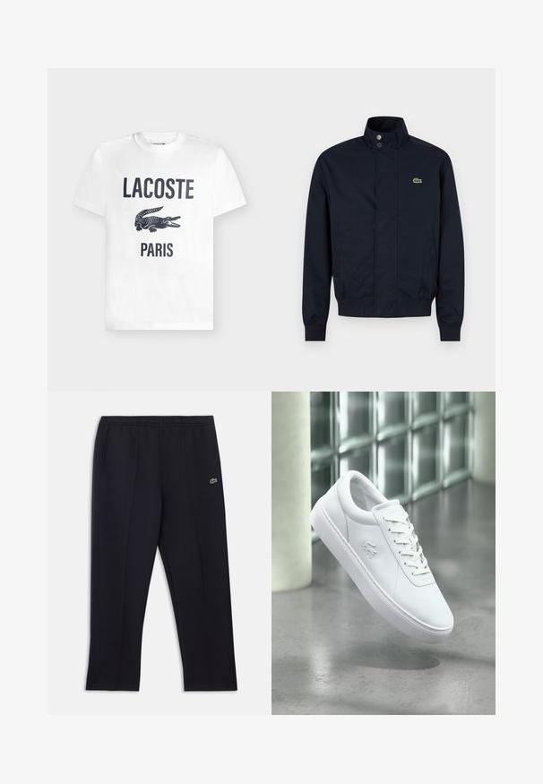 Veste pour homme bleu marine avec col montant, boutons-pression sur le devant, deux poches latérales, poignets côtelés et petit logo crocodile vert sur la poitrine.; T-shirt blanc à manches courtes avec texte noir "LACOSTE", un grand imprimé crocodile noir et texte "PARIS" en dessous sur le devant.; Pantalon de sport noir avec poches latérales, ceinture élastique, fines bandes latérales et petit logo crocodile vert sur la hanche droite.; Baskets basses blanches avec un design à lacets et un logo crocodile en relief, positionnées au-dessus d'un sol gris poli avec un mur en blocs de verre en arrière-plan.