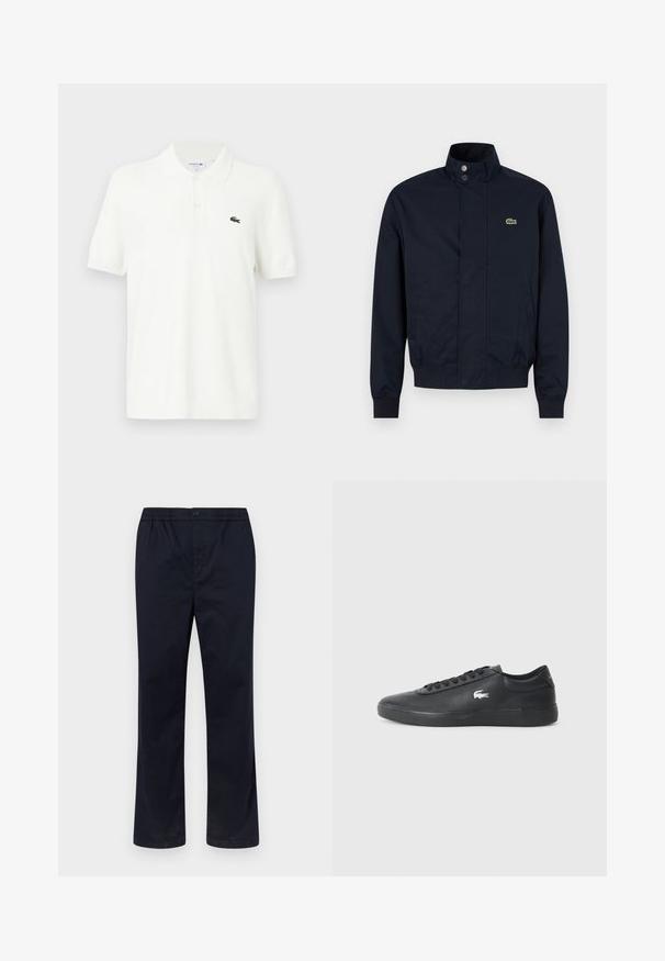 Veste pour homme bleu marine avec col montant, boutons-pression sur le devant, deux poches latérales, poignets côtelés et petit logo crocodile vert sur la poitrine.; Polo-shirt blanc en coton lisse avec un col classique, patte de boutonnage à trois boutons et un petit logo crocodile vert sur la poitrine.; Pantalon pour homme bleu marine avec ceinture élastique, fermeture par bouton et coupe droite, sur un fond uni clair.; Sneaker en cuir noir avec bout arrondi, semelle plate et logo blanc sur le côté. Présente des lacets noirs et une finition lisse et mate.