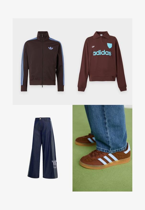 Brun trackjakke med lynlås med lyseblå Adidas-striber på ærmerne og trefoil-logo på brystet, høj krave og lynlåslommer i siden.; Brun sweatshirt med polo krave, der har en lys blå "adidas" logo og skjolddetalje, lavet af blødt stof med en afslappet pasform.; Mørkeblå vidde jeans med grå striber i siden, knaplukning, forlommer og Adidas-logo på venstre ben.; Brune Adidas sneakers med hvide striber og gummisåler, båret med blå jeans på grøn tæppe.
