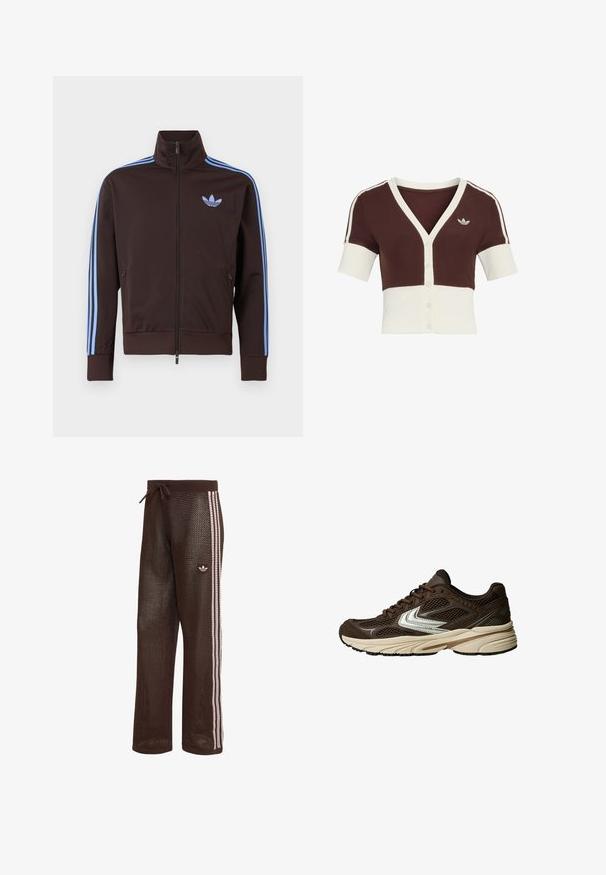 Brun trackjakke med lynlås med lyseblå Adidas-striber på ærmerne og trefoil-logo på brystet, høj krave og lynlåslommer i siden.; Kortærmet cardigan med en brun øverste del og cremefarvet nederste del, med V-hals, knaplukning og et diskret trestribet design.; Brune mesh træningsbukser med lyserøde triple striber ned langs siderne, elastisk taljebånd med snøre og Adidas trefoil-logo på venstre lår.; Brun atletisk sko med mesh-paneler, et hvidt accentdesign, en polstret gummisål og en strikket overdelsmateriale for åndbarhed.