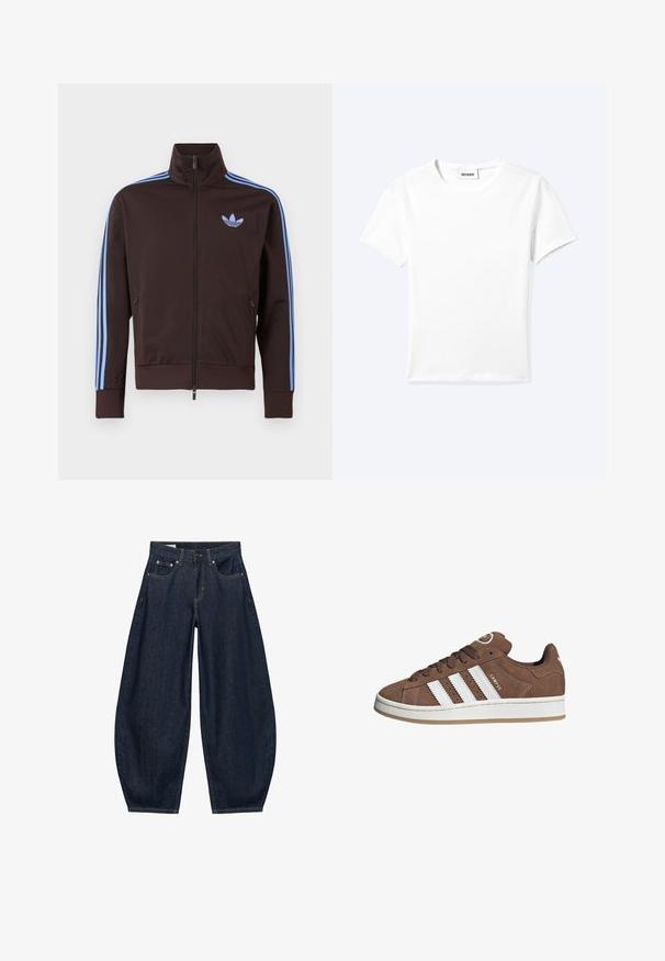 Brun trackjakke med lynlås med lyseblå Adidas-striber på ærmerne og trefoil-logo på brystet, høj krave og lynlåslommer i siden.; Ensfarvet hvid t-shirt med korte ærmer og rund halsudskæring med en lille "WEEKDAY" label indeni halskanten, vist fladt på en lys baggrund.; Mørkeblå vidde jeans med frontlommer, bæltestropper og knaplukning i taljen.; Brune ruskinds sneakers med hvide læderstriber, gummisål, rund tå og snørebåndsfront. Har et logo på tungen og perforerede detaljer.