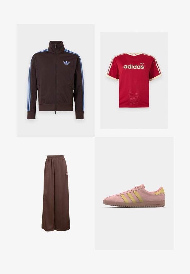Braune Trainingsjacke mit Reißverschluss, hellblauen Adidas-Streifen an den Ärmeln und Trefoil-Logo auf der Brust, hohem Kragen und seitlichen Reißverschlusstaschen.; Rotes Adidas Mesh-T-Shirt mit beigem Besatz am Kragen, an den Ärmeln und den drei Streifen auf den Schultern, mit Adidas-Logo und Schriftzug auf der Vorderseite.; adidas Originals Jogginghose - auburn cream white; Rosa Wildleder-Sneaker mit drei gelben Streifen, runder Spitze und strukturiertem Gummisohle. Niedriges Profil mit gepolstertem Kragen.