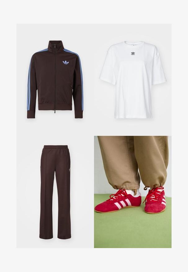 Chaqueta deportiva marrón con cremallera, con rayas azul claro de Adidas en las mangas y el logo de trébol en el pecho, cuello alto y bolsillos laterales con cremallera.; Camiseta blanca de manga corta hecha de algodón. Cuenta con un cuello redondo y un pequeño logo negro de Adidas en el pecho. Dobladillo recto.; Pantalones deportivos marrones con una cinturilla elástica, dos bolsillos laterales y un pequeño logo en el lado izquierdo, hechos de una tela suave.; Zapatillas deportivas de ante rojo con rayas blancas, suela de goma plana y cordones rojos. Llevadas con pantalones beige, situadas sobre una superficie verde.