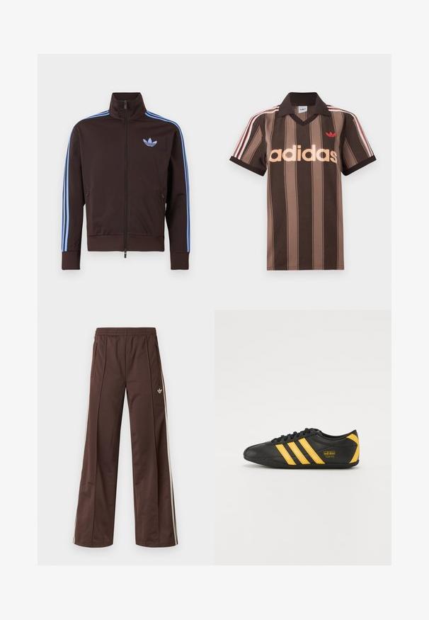 Bruine trainingsjas met rits, lichtblauwe Adidas-strepen op de mouwen en trefoil-logo op de borst, hoge kraag en ritszakken aan de zijkant.; Bruine gestreepte Adidas polo met V-hals, bordeauxrode kraag en rood logo. Heeft witte en rode schouderstrepen, korte mouwen.; Bruine sportbroek met een wijd uitlopende pijp, witte zijstrepen, een elastische tailleband en twee zijzakken. Heeft een klein logo op het been.; Zwarte leren sportschoen met geel drie-strepen ontwerp, ronde neus, zwarte veters en klein logo aan de zijkant. Laag profiel silhouet.