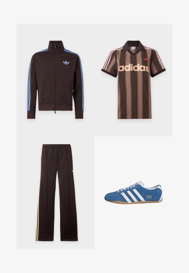 Brun trackjakke med lynlås med lyseblå Adidas-striber på ærmerne og trefoil-logo på brystet, høj krave og lynlåslommer i siden.; Brunstribet Adidas polo-shirt med V-hals, bordeaux krave og rødt logo. Har hvide og røde skulderstriber samt korte ærmer.; Sorte træningsbukser med gule sidelister, elastisk taljebånd, lynlåslommer i siderne og en lille logo på den øvre lår.; Blå ruskinds sneakers med hvide læderstriber, med rund tå, gummisål og guld "adidas TOKYO" branding på siden.