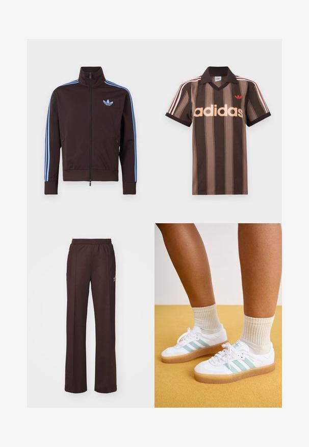 Brun trackjakke med lynlås med lyseblå Adidas-striber på ærmerne og trefoil-logo på brystet, høj krave og lynlåslommer i siden.; Brunstribet Adidas polo-shirt med V-hals, bordeaux krave og rødt logo. Har hvide og røde skulderstriber samt korte ærmer.; Brune træningsbukser med elastisk talje, to sidelommer og et lille logo på venstre side, lavet af et blødt stof.; Hvite sneakers med mintgrønne striber, gummisål og snørebånd, parret med ribbede cremefarvede sokker. Sat mod en gul baggrund.