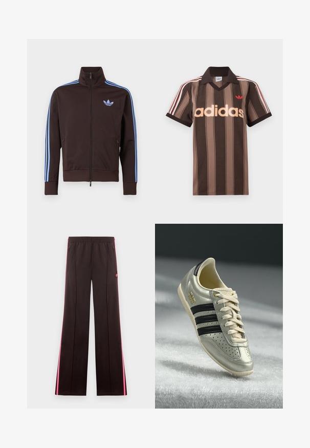 Brun trackjakke med lynlås med lyseblå Adidas-striber på ærmerne og trefoil-logo på brystet, høj krave og lynlåslommer i siden.; Brunstribet Adidas polo-shirt med V-hals, bordeaux krave og rødt logo. Har hvide og røde skulderstriber samt korte ærmer.; Sorte atletikbukser med lyserøde sidelister, elastisk talje, lynlåslommer og Adidas-logo på venstre lår.; Lys grå lædersneaker med sorte striber, perforerede detaljer, beige snørebånd og et guld logo-patch. Tekstureret gummisål.