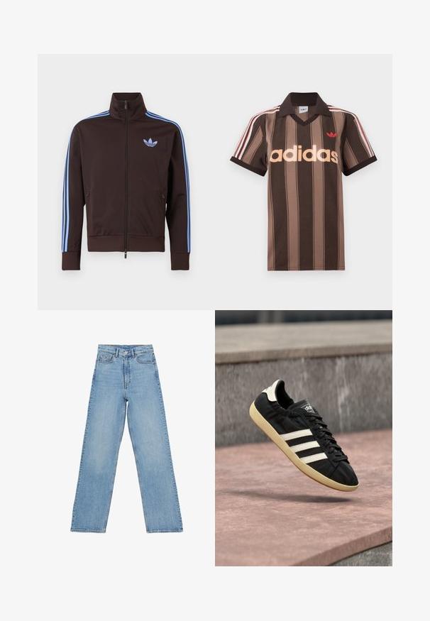 Braune Trainingsjacke mit Reißverschluss, hellblauen Adidas-Streifen an den Ärmeln und Trefoil-Logo auf der Brust, hohem Kragen und seitlichen Reißverschlusstaschen.; Braunes gestreiftes Adidas-Poloshirt mit V-Ausschnitt, bordeauxrotem Kragen und rotem Logo. Mit weißen und roten Schulterstreifen, kurzen Ärmeln.; Hellblaue Jeans aus Denim mit hoher Taille, gerader Beinform, fünf Taschen und einem Knopfverschluss. Keine sichtbaren Muster.; Schwarzer Adidas-Sneaker mit weißen Streifen und beiger Sohle, in der Luft über einer steinernen Oberfläche und mit Steinwand im Hintergrund aufgenommen.