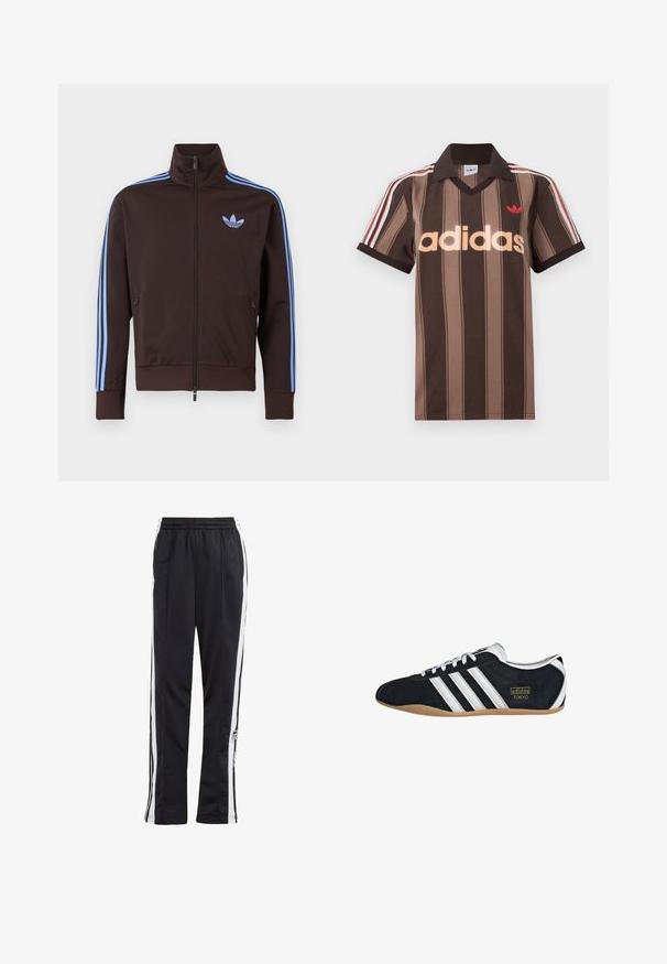 Brun trackjakke med lynlås med lyseblå Adidas-striber på ærmerne og trefoil-logo på brystet, høj krave og lynlåslommer i siden.; Brunstribet Adidas polo-shirt med V-hals, bordeaux krave og rødt logo. Har hvide og røde skulderstriber samt korte ærmer.; Sorte træningsbukser med hvide sidelister, elastisk talje og et logo-patch. Fremstillet af glat, letvægtsstof. Lige ben design.; Sort ruskinds sneaker med hvide tre striber, guldlogo og en brun gummisål. Har et lavprofil snørebåndsdesign.