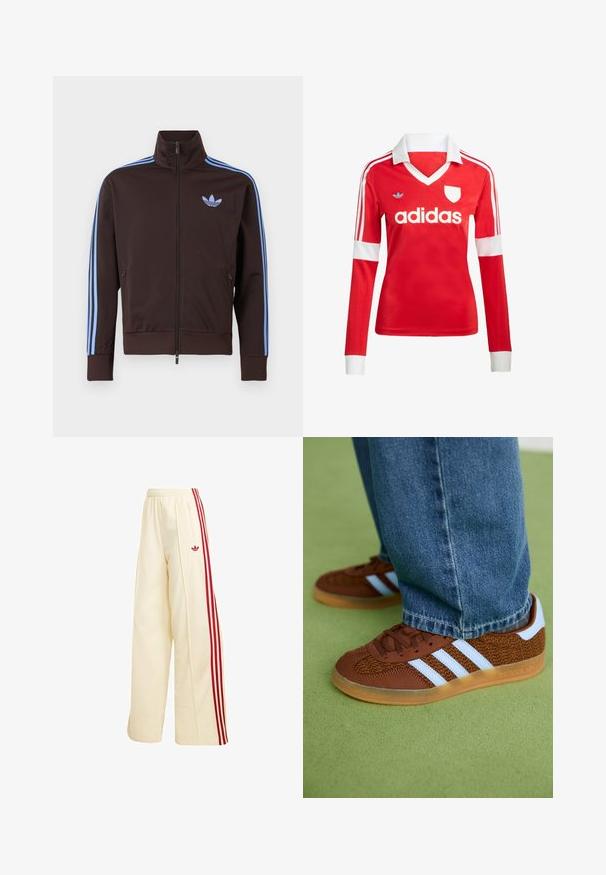 Bruine trainingsjas met rits, lichtblauwe Adidas-strepen op de mouwen en trefoil-logo op de borst, hoge kraag en ritszakken aan de zijkant.; Rode lange mouwen voetbalshirt met een witte kraag en manchetten. Heeft drie witte strepen op de schouders en het "adidas" logo prominent weergegeven.; Crèmekleurige wijde trainingsbroek met rode zijstrepen, elastische tailleband, ritssluitingzak en rood Adidas-logo op de dij.; Bruine Adidas sneakers met witte strepen en rubberen zolen, gedragen met blauwe jeans op een groene vloer.