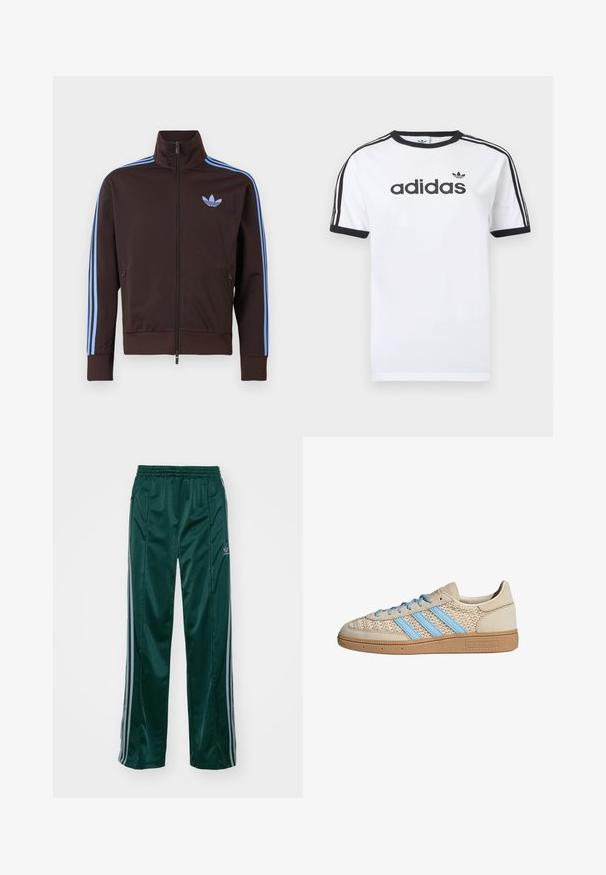Brun trackjakke med lynlås med lyseblå Adidas-striber på ærmerne og trefoil-logo på brystet, høj krave og lynlåslommer i siden.; Hvid bomulds-T-shirt med sorte detaljer, har rundt halsudskæring, korte ærmer, tre sorte striber på skuldrene og adidas-logo i sort.; Mørkegrønne træningsbukser lavet af skinnende materiale, med sidelister i lys grå og et broderet logo på venstre ben.; Beige sneakers med en tekstureret strik-overdel, lyseblå striber og brun gummisål. Har runde snørebånd og logodetalje på siden.