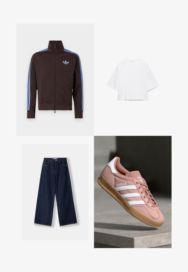 Braune Trainingsjacke mit Reißverschluss, hellblauen Adidas-Streifen an den Ärmeln und Trefoil-Logo auf der Brust, hohem Kragen und seitlichen Reißverschlusstaschen.; Weißes, kurzärmeliges, kastiges T-Shirt aus weicher Baumwolle. Es verfügt über einen Rundhalsausschnitt und breite Ärmel mit einem klaren, schlichten Design.; Dunkelblaue Jeans mit weitem Bein, vorderer Knopf- und Reißverschluss, vorderen Taschen und Gürtelschlaufen, flach auf weißem Hintergrund ausgelegt.; Rosa Wildleder-Sneaker mit weißen Streifen, Gummisohle, strukturiertem Obermaterial und Logo auf der Zunge. Klassisches Low-Top-Design.