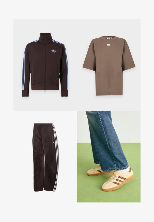 Brun trackjakke med lynlås med lyseblå Adidas-striber på ærmerne og trefoil-logo på brystet, høj krave og lynlåslommer i siden.; Brun bomulds t-shirt med korte ærmer, rund hals og hvid Adidas-logo centreret på brystet, som har et enkelt design og en afslappet pasform.; Sorte Adidas træningsbukser med hvide tre striber ned langs siderne, elastisk linning, sidelomme med lynlås og Adidas-logo på venstre ben.; Beige sneakers med teksturerede cremefarvede paneler og brune striber, parret med blå denim jeans. Jeansene har brede ben og en frynset kant.
