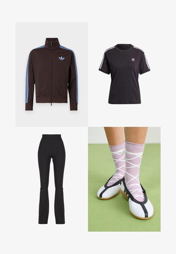Brun trackjakke med lynlås med lyseblå Adidas-striber på ærmerne og trefoil-logo på brystet, høj krave og lynlåslommer i siden.; Sort bomulds t-shirt med korte ærmer og rund hals, der har hvide striber på skuldrene og et lille hvidt Adidas-logo på brystet.; Sorte flared leggings lavet af strækbart stof, med en høj talje og glat tekstur, designet til komfort og bevægelighed.; Ben iført ribbet lilla sokker med hvide krydsede stropper kombineret med hvide balletsko med sort kant på grøn gulv.