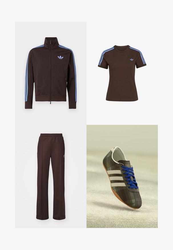 Chaqueta deportiva marrón con cremallera, con rayas azul claro de Adidas en las mangas y el logo de trébol en el pecho, cuello alto y bolsillos laterales con cremallera.; Camiseta marrón de manga corta con tres rayas azul claro en los hombros y pequeño logo de Adidas azul claro en el pecho izquierdo.; Pantalones deportivos marrones con una cinturilla elástica, dos bolsillos laterales y un pequeño logo en el lado izquierdo, hechos de una tela suave.; Zapatillas deportivas de cuadros marrones con cordones azules, tres franjas blancas y una superficie lisa, con una suela de goma marrón clara.
