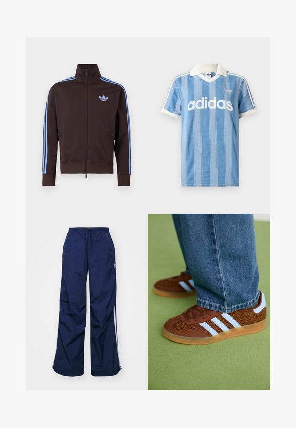 Brun trackjakke med lynlås med lyseblå Adidas-striber på ærmerne og trefoil-logo på brystet, høj krave og lynlåslommer i siden.; Lyseblå polo med korte ærmer og lodrette striber, hvide detaljer og en fremtrædende hvid "adidas"-logo på forsiden.; Marineblå, letvægtsbukser med elastik i taljen og snøre, med hvide sidelister og et lille logo foran. Løs pasform.; Brune Adidas sneakers med hvide striber og gummisåler, båret med blå jeans på grøn tæppe.